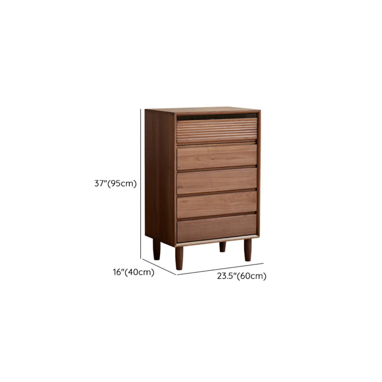 Compact Vertical Walnut Brown Five-Drawer Storage Chest
