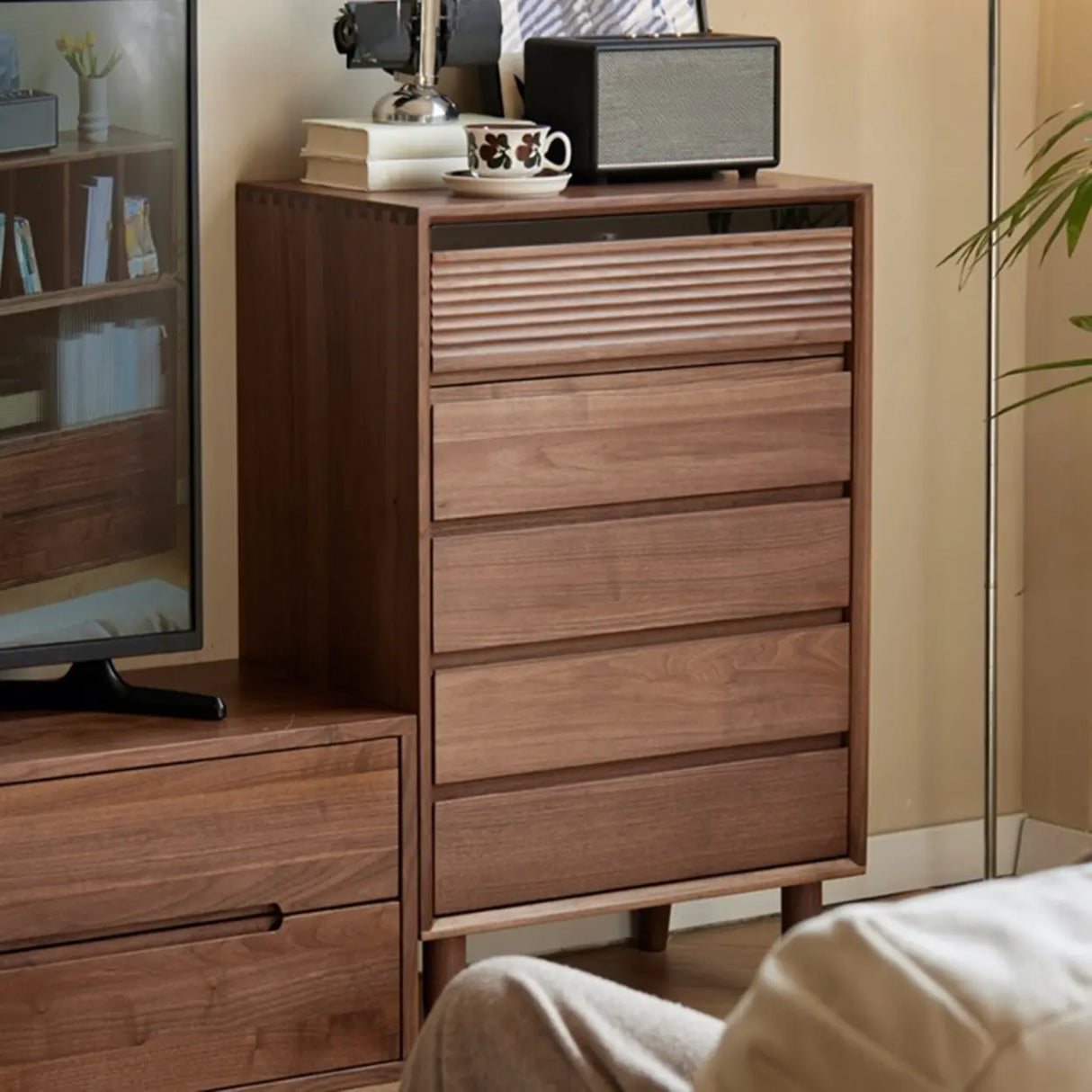 Compact Vertical Walnut Brown Five-Drawer Storage Chest Image - 3