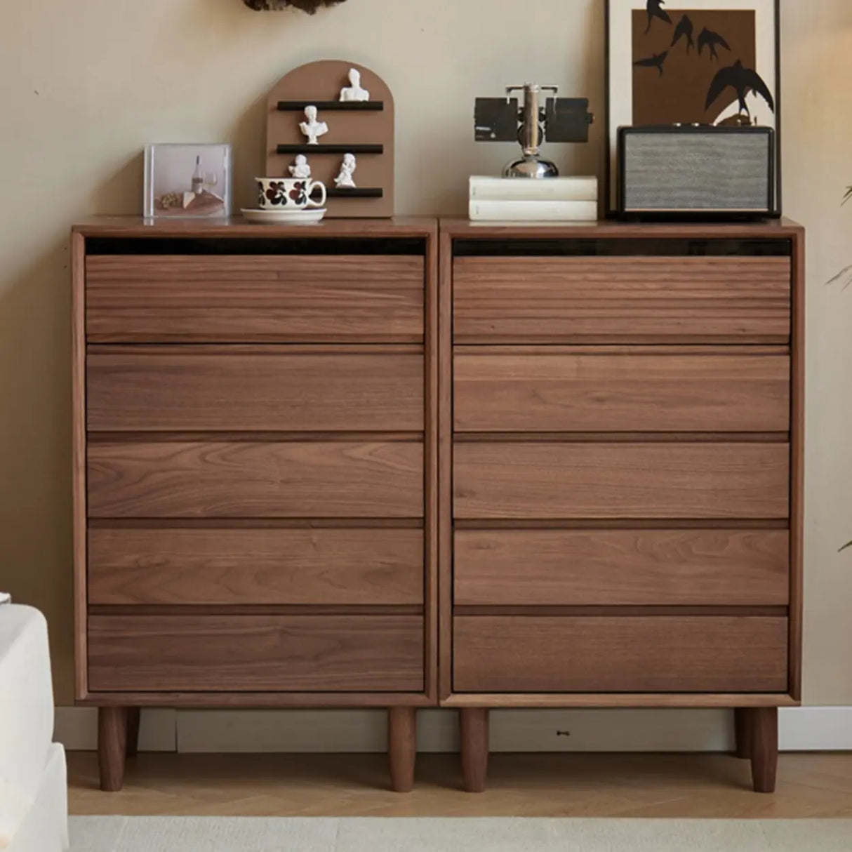 Compact Vertical Walnut Brown Five-Drawer Storage Chest Image - 4