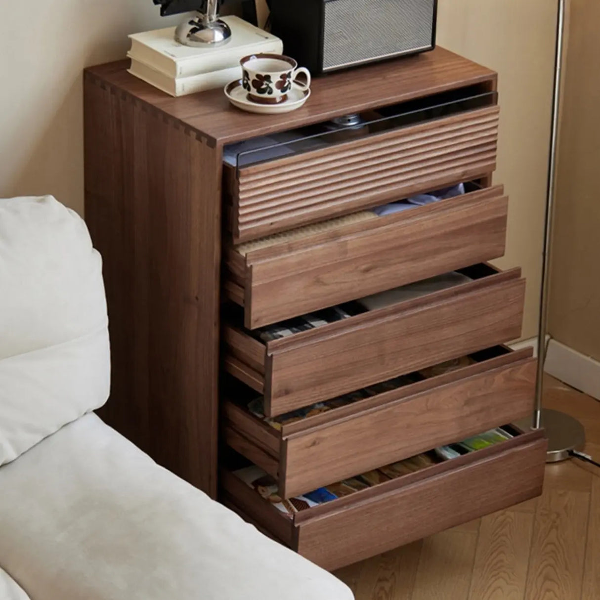 Compact Vertical Walnut Brown Five-Drawer Storage Chest Image - 5