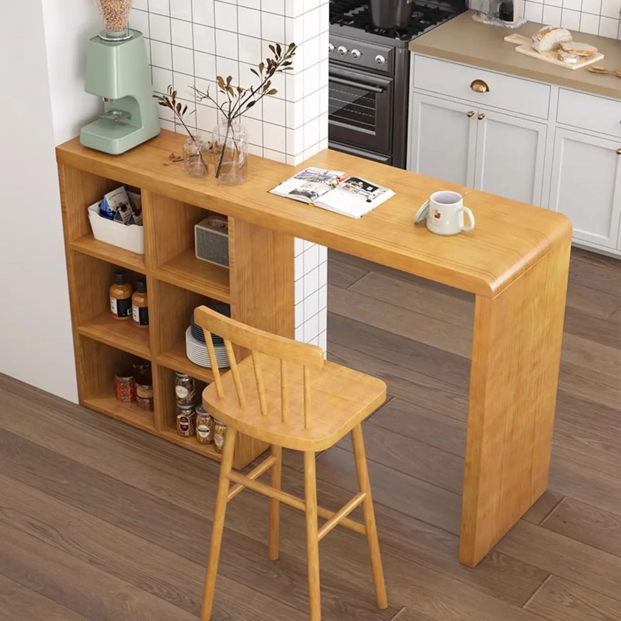 Compact Wooden Breakfast Bar with Built-In Storage Shelves Image - 1