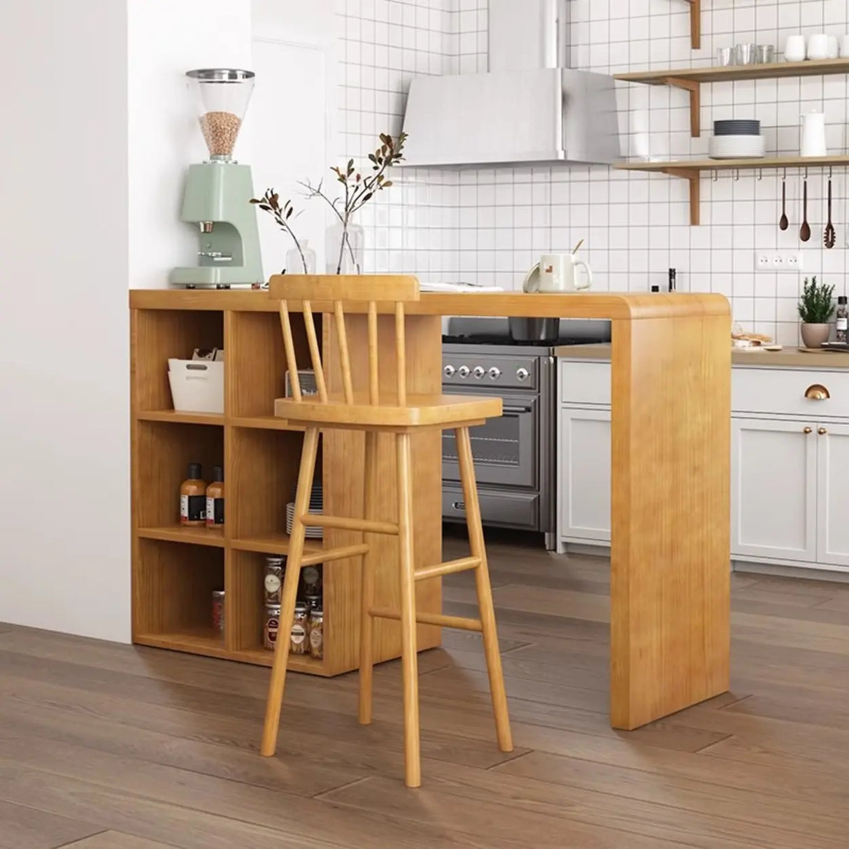 Compact Wooden Breakfast Bar with Built-In Storage Shelves Image - 4