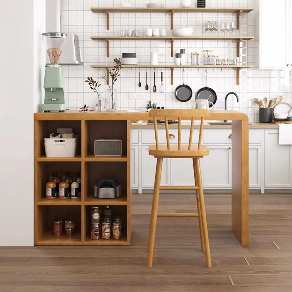 Compact Wooden Breakfast Bar with Built-In Storage Shelves Image - 6