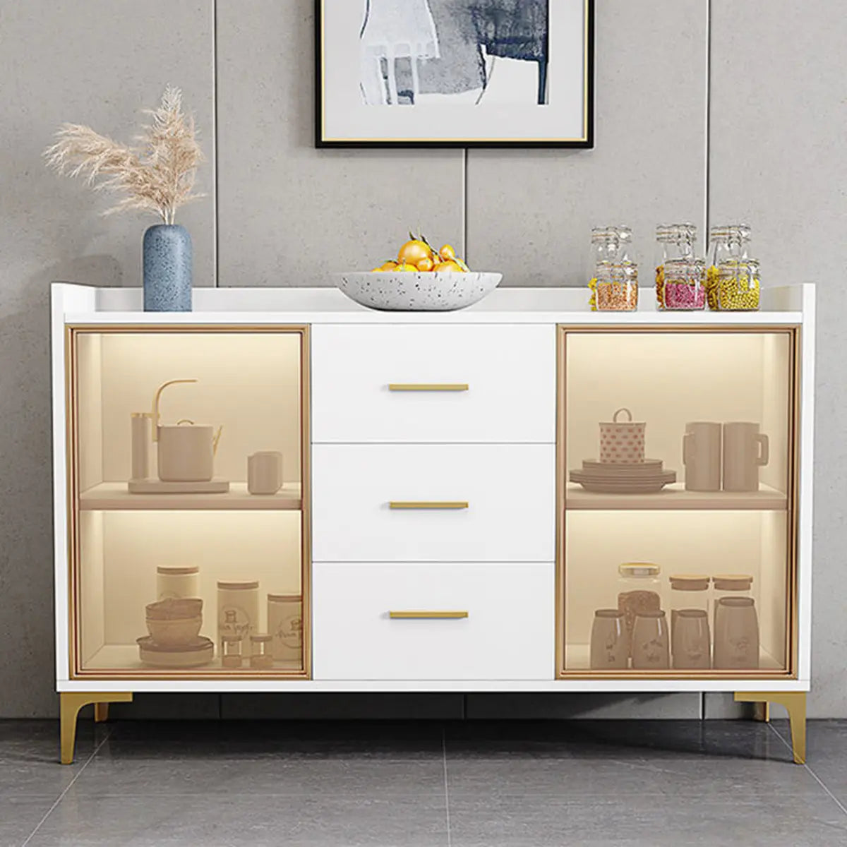 Composite Wood Grey Clear Doors Buffet Table with Drawers Image - 12