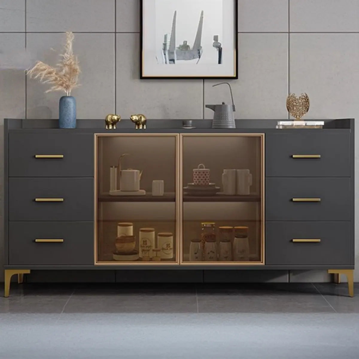 Composite Wood Grey Clear Doors Buffet Table with Drawers Image - 14