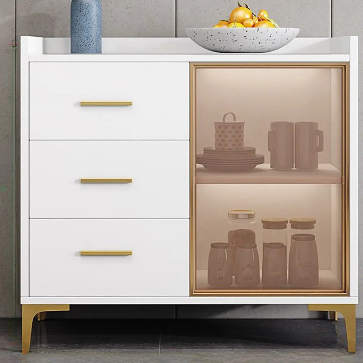 Composite Wood Grey Clear Doors Buffet Table with Drawers Image - 3