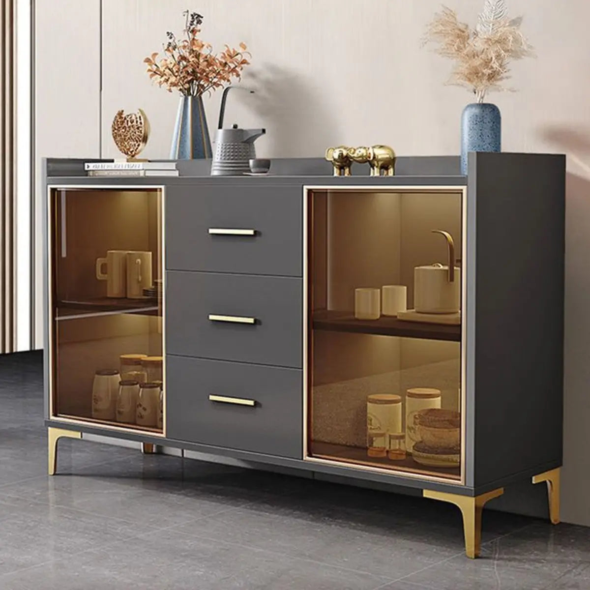 Composite Wood Grey Clear Doors Buffet Table with Drawers Image - 4