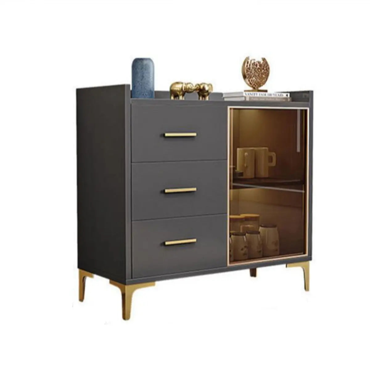 Composite Wood Grey Clear Doors Buffet Table with Drawers Image - 5