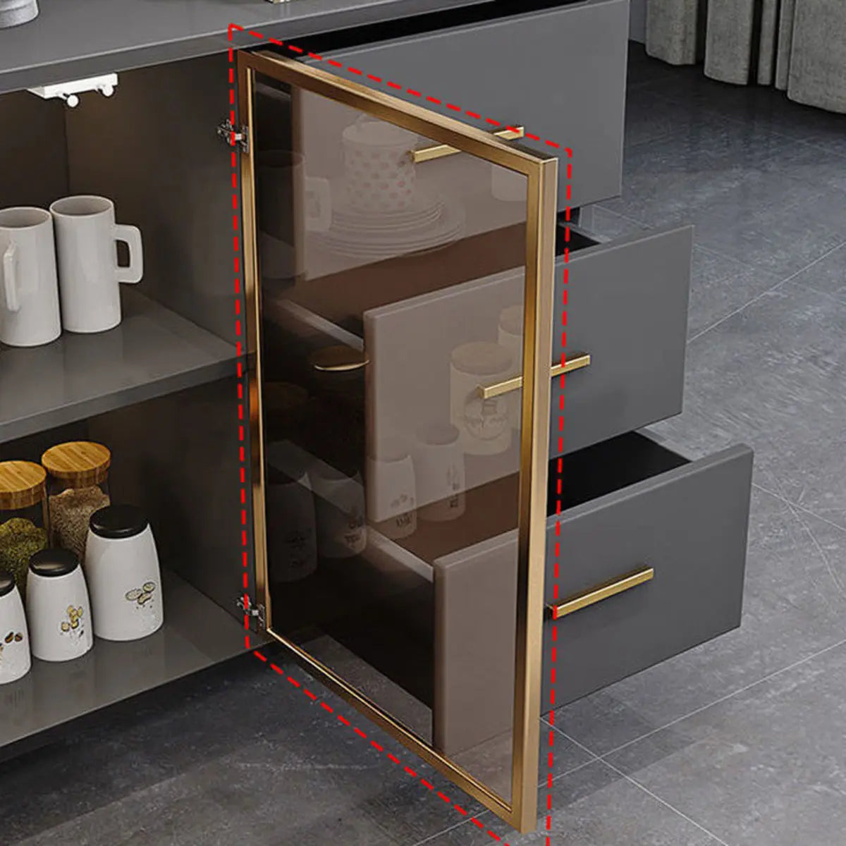 Composite Wood Grey Clear Doors Buffet Table with Drawers Image - 6