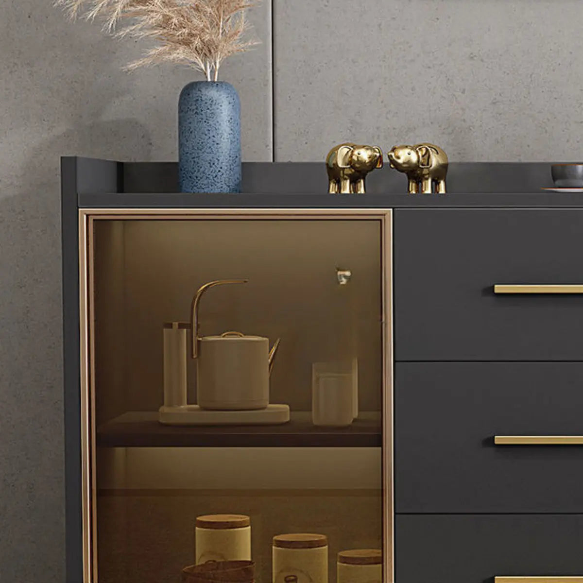 Composite Wood Grey Clear Doors Buffet Table with Drawers Image - 7