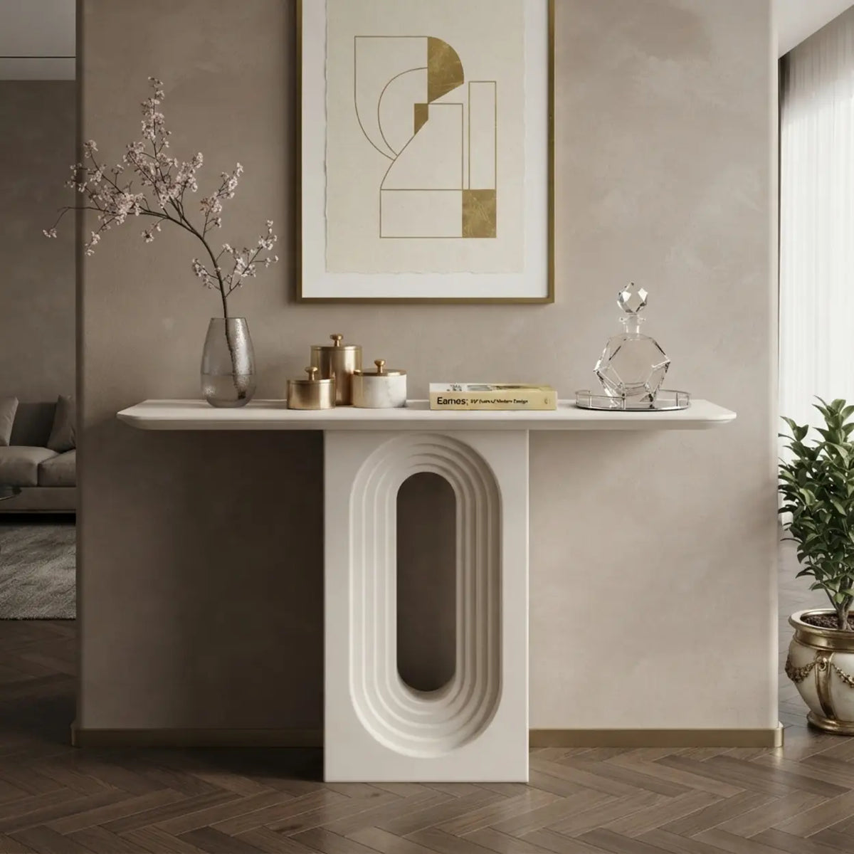 White 39.3"L x 9.8"W x 35.4"H Console Table with Arch Panel Design for Entryway and Living Room Image - 1