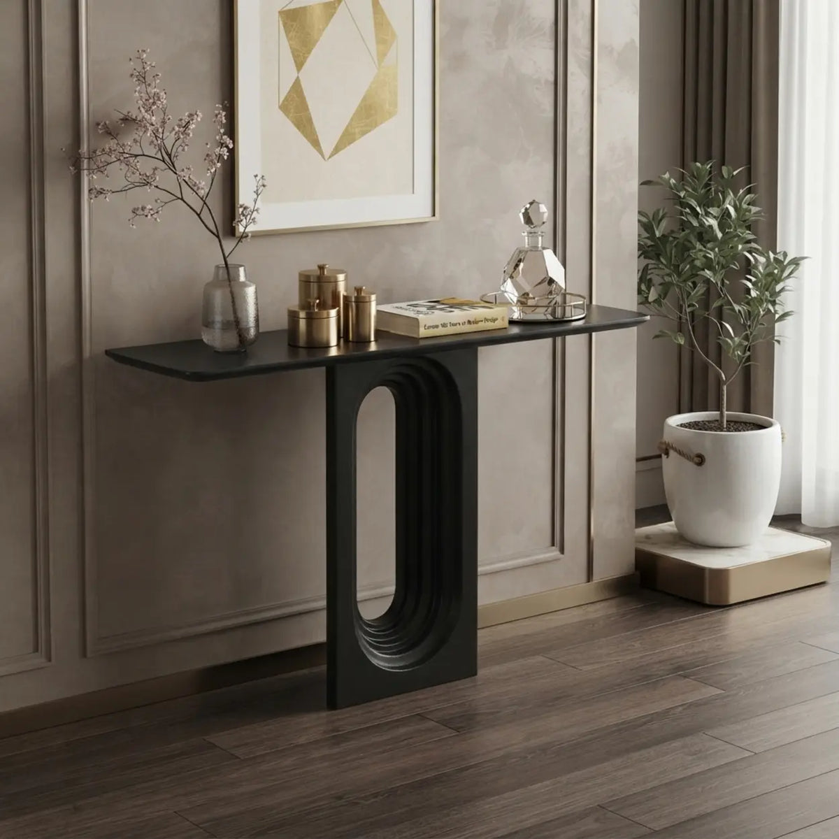 Black 39.3"L x 9.8"W x 35.4"H Console Table with Arch Panel Design for Entryway and Living Room Image - 5