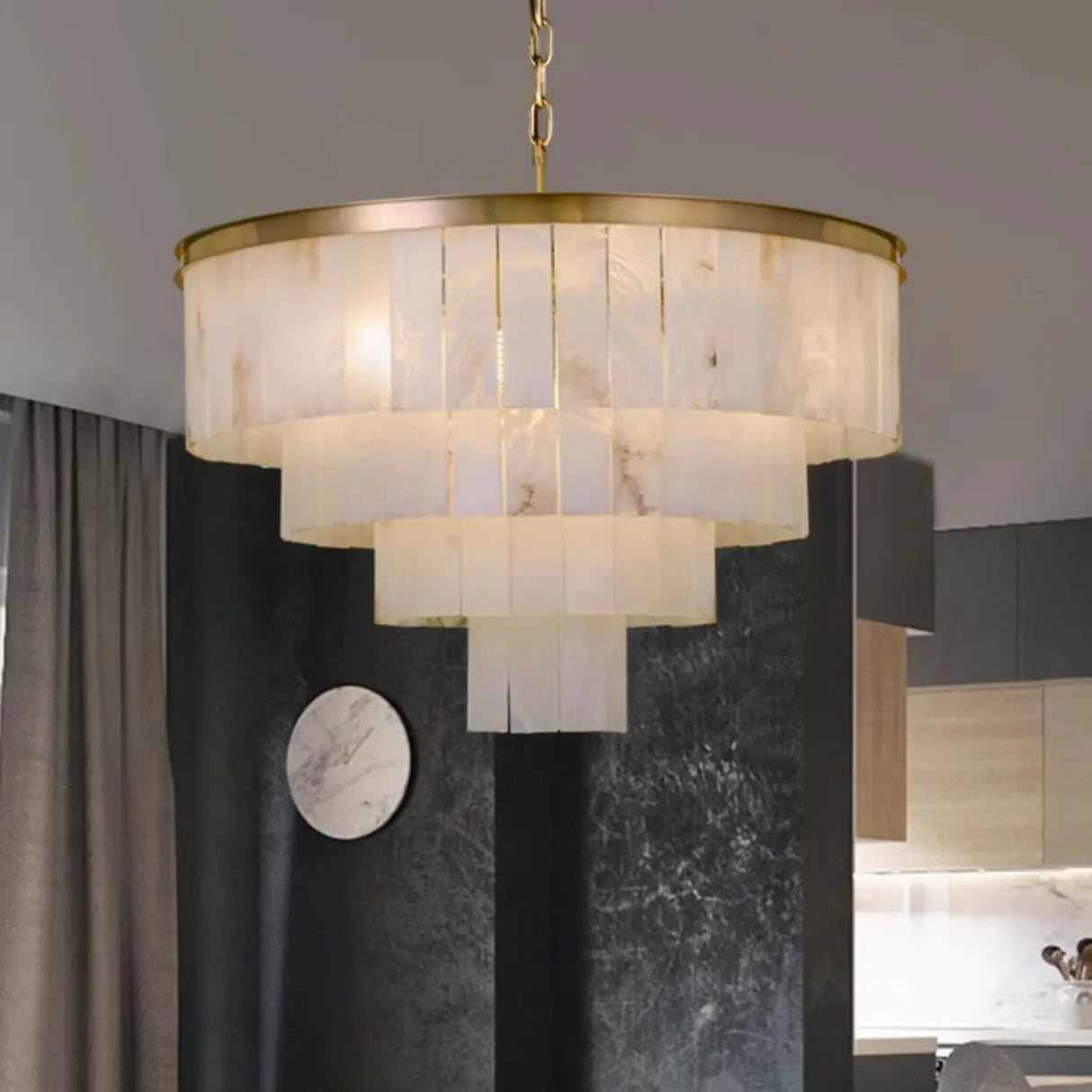 Contemporary Alabaster Tiered Gold Living Room Chandelier Image - 13