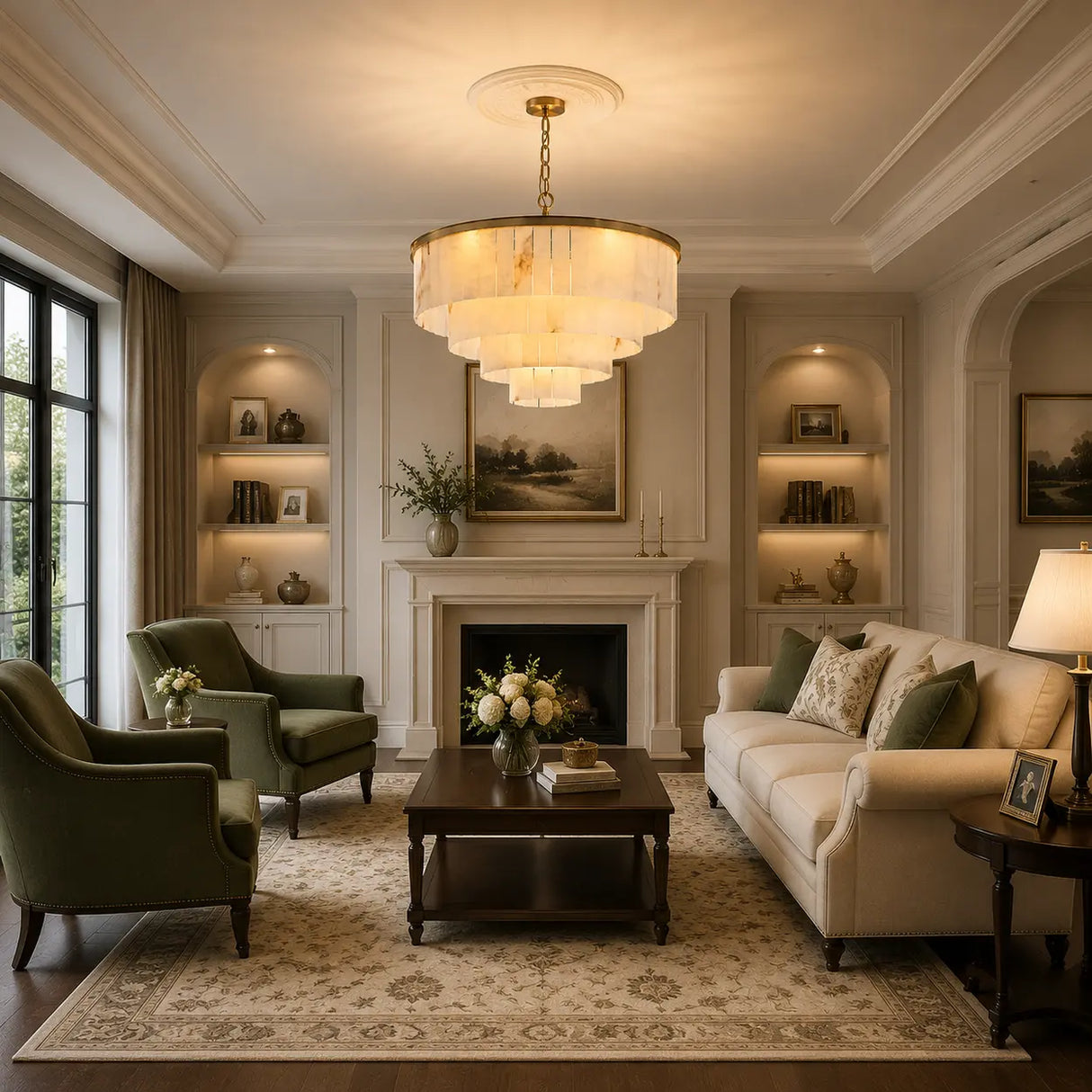 Contemporary Alabaster Tiered Gold Living Room Chandelier Image - 2