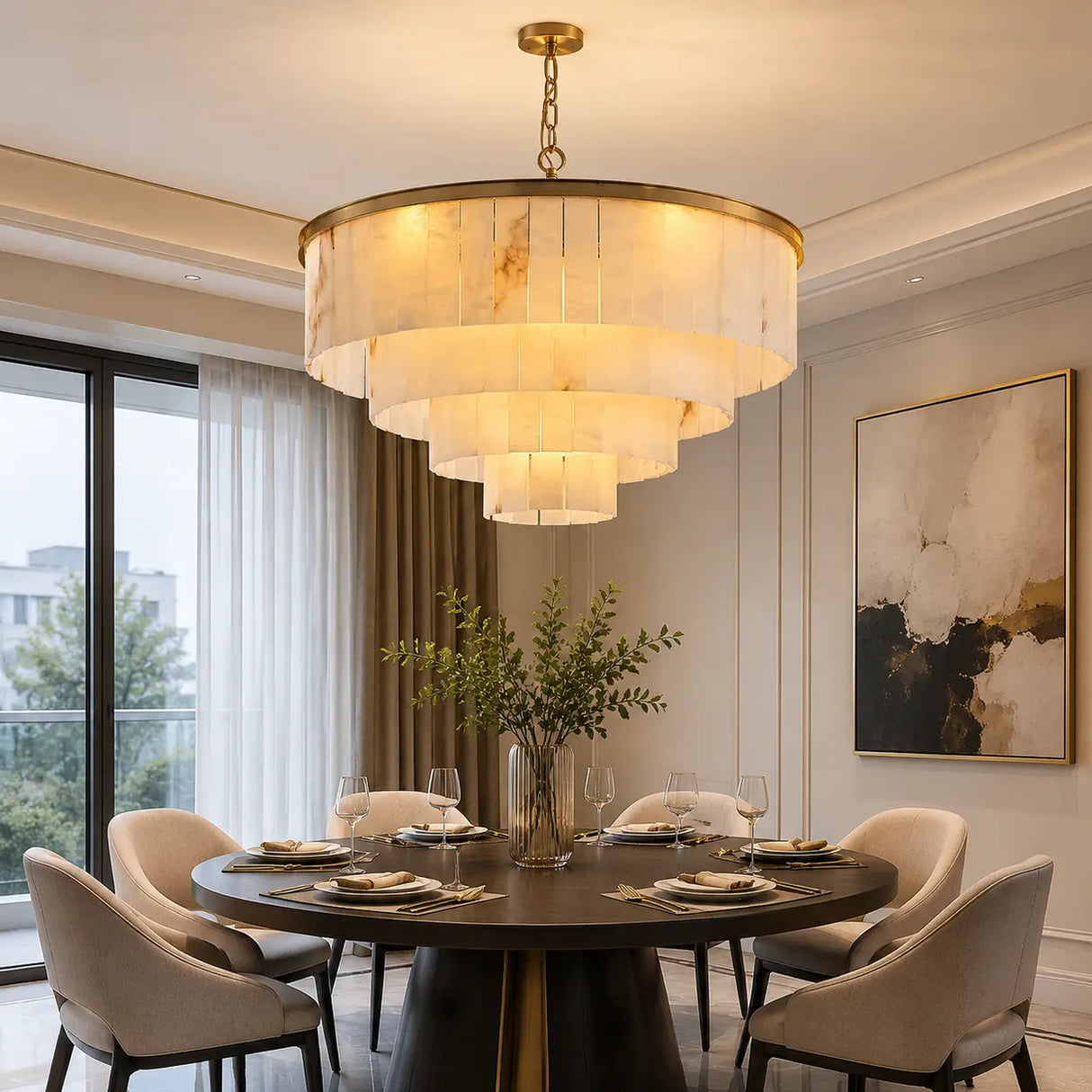 Contemporary Alabaster Tiered Gold Living Room Chandelier Image - 3