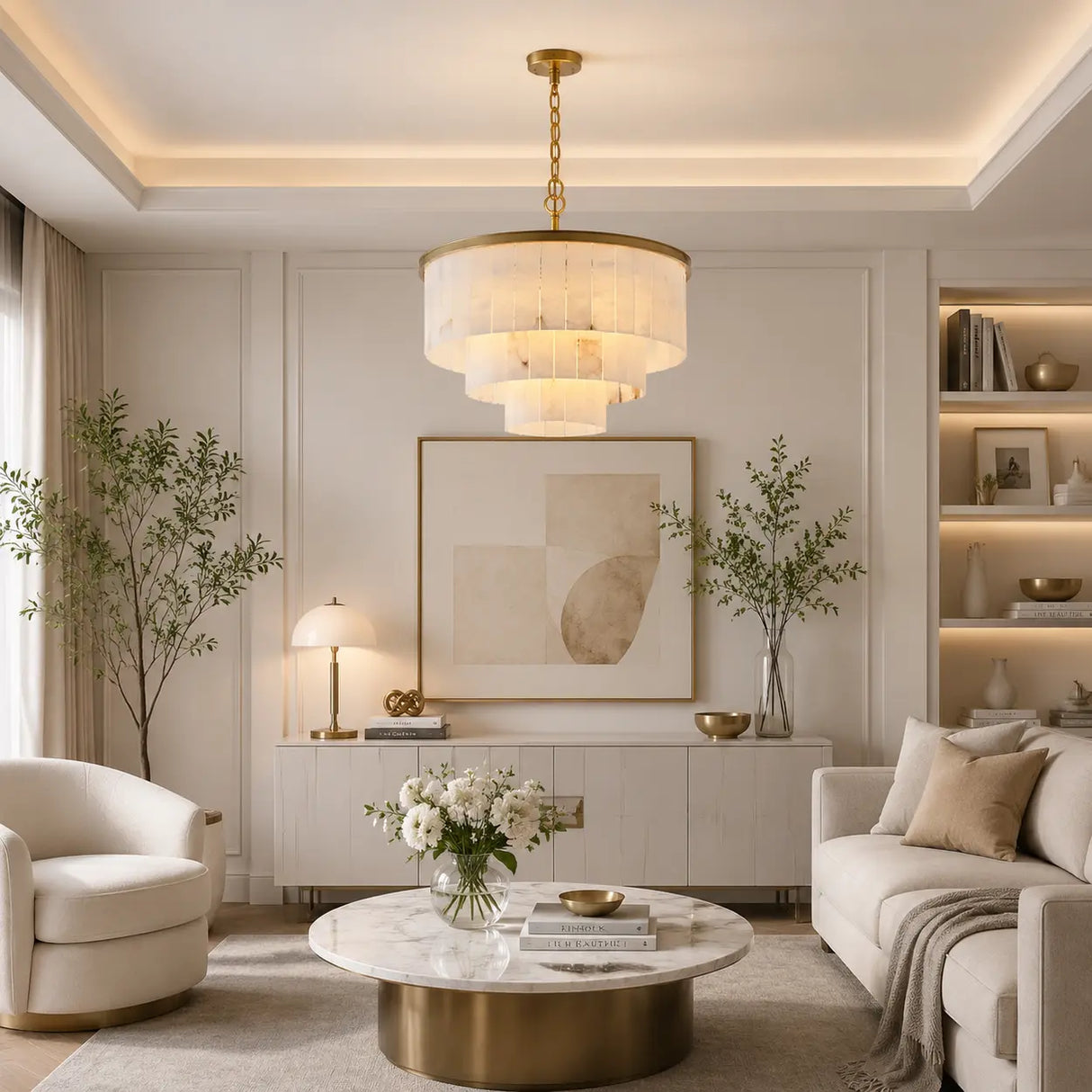 Contemporary Alabaster Tiered Gold Living Room Chandelier Image - 4