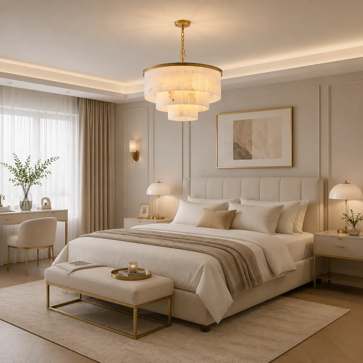 Contemporary Alabaster Tiered Gold Living Room Chandelier Image - 5