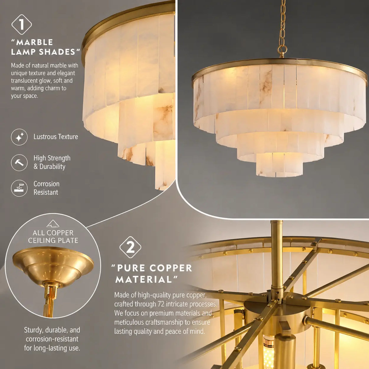 Contemporary Alabaster Tiered Gold Living Room Chandelier Image - 7