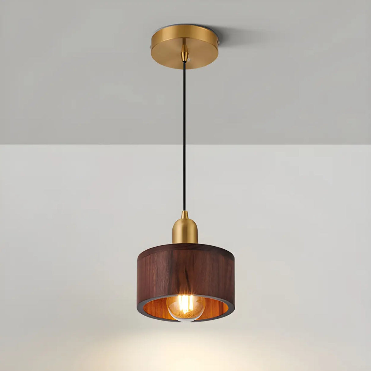 Contemporary Bedroom Solid Wood Drum Pendant Light Image - 1