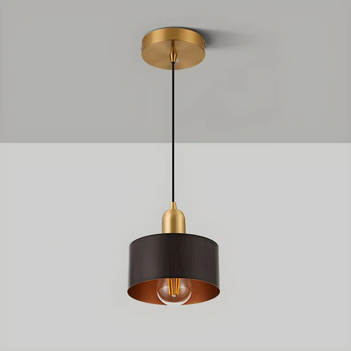 Contemporary Bedroom Solid Wood Drum Pendant Light Image - 10