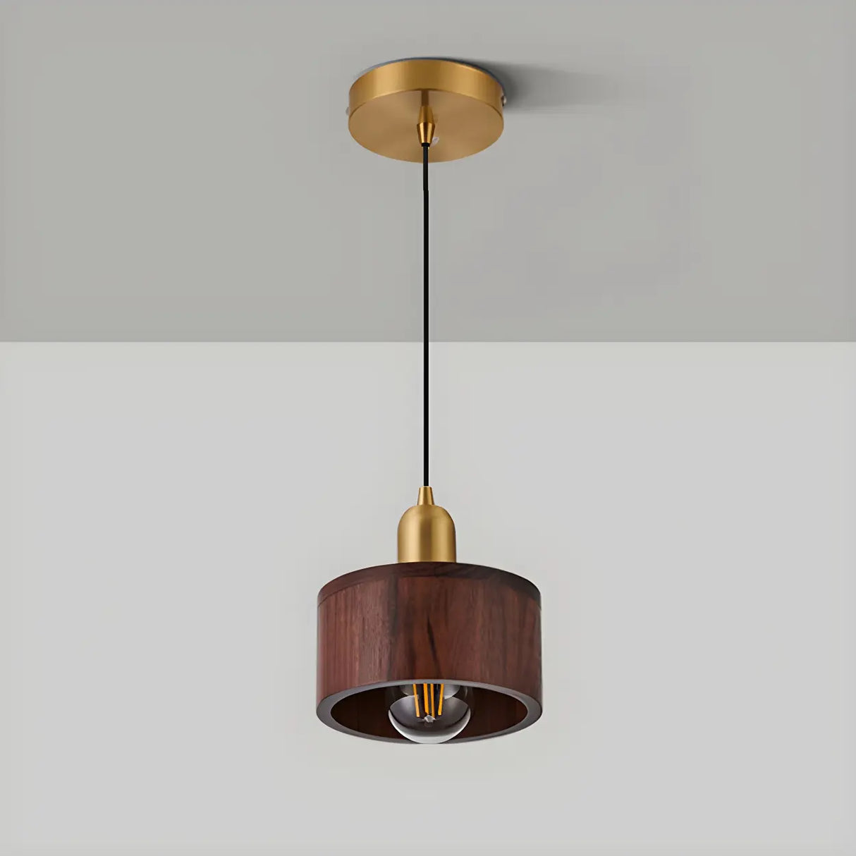 Contemporary Bedroom Solid Wood Drum Pendant Light Image - 2