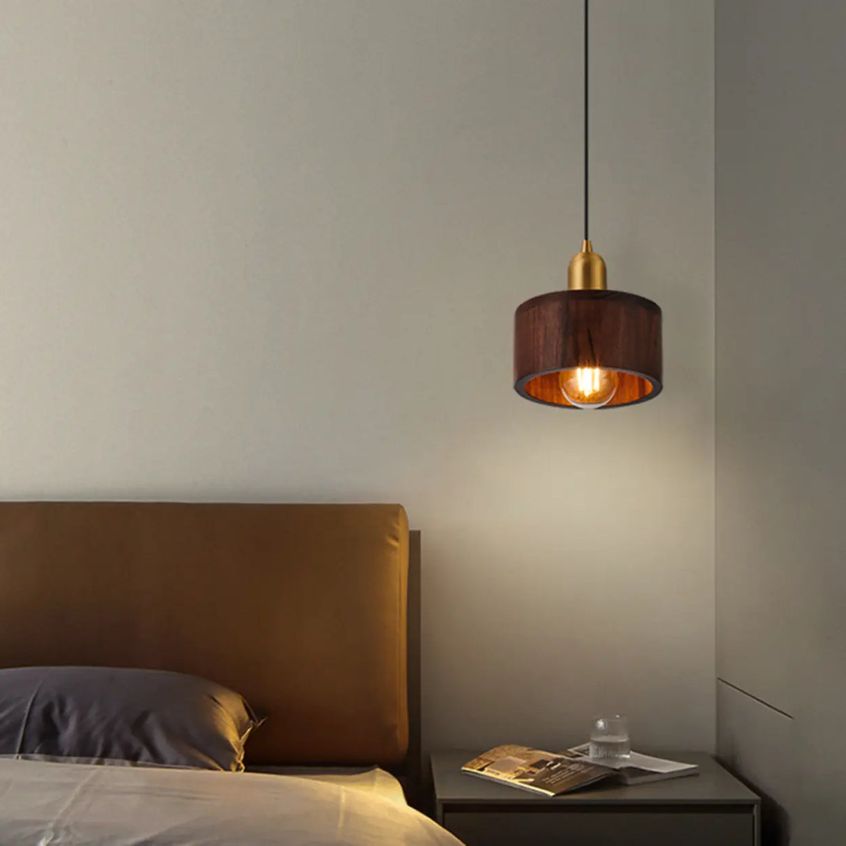Contemporary Bedroom Solid Wood Drum Pendant Light Image - 3