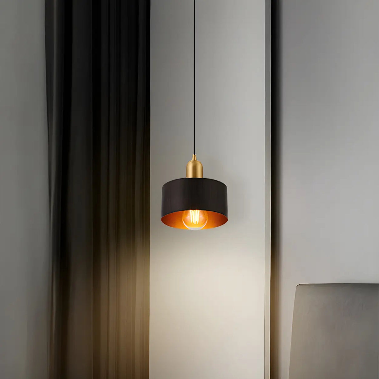 Contemporary Bedroom Solid Wood Drum Pendant Light Image - 4