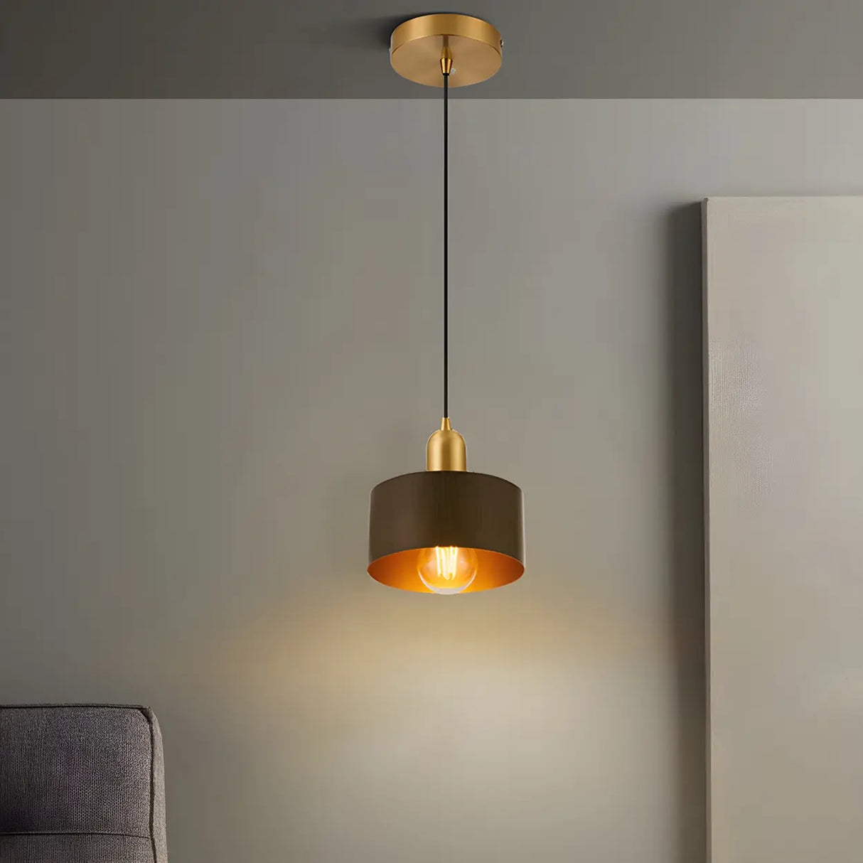 Contemporary Bedroom Solid Wood Drum Pendant Light Image - 6