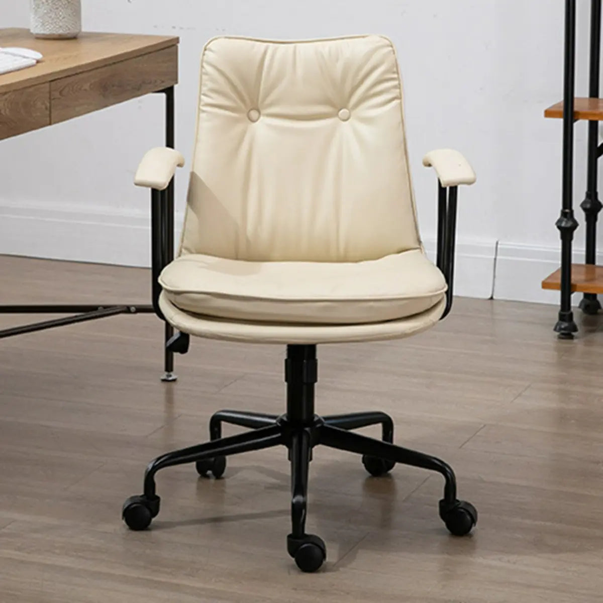 Contemporary Beige Leather Tufted Adjustable Office Chair Image - 1