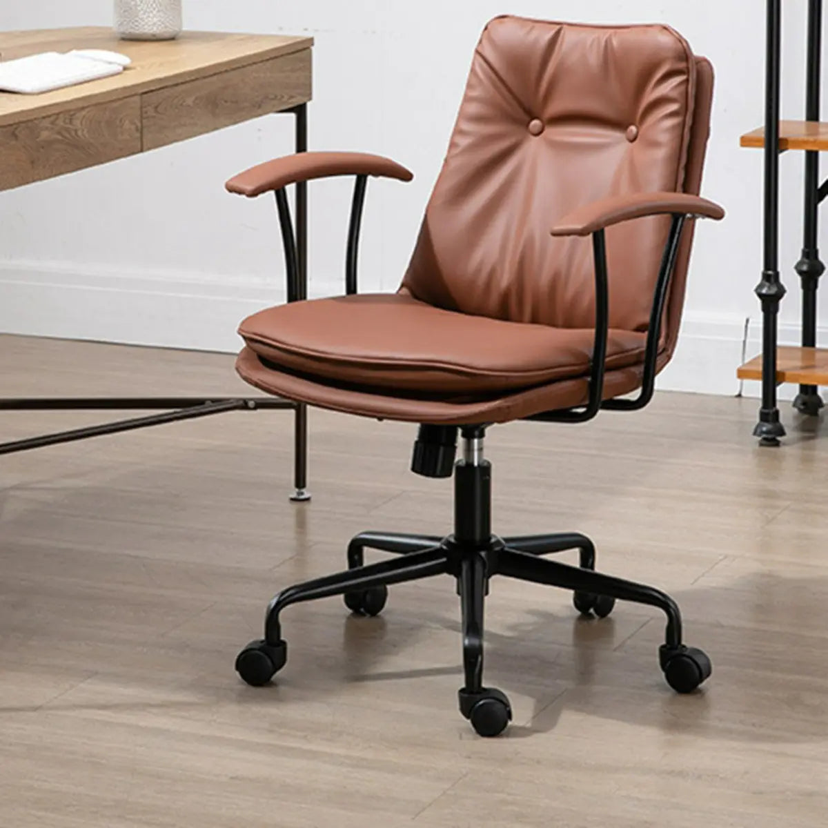 Contemporary Beige Leather Tufted Adjustable Office Chair Image - 11