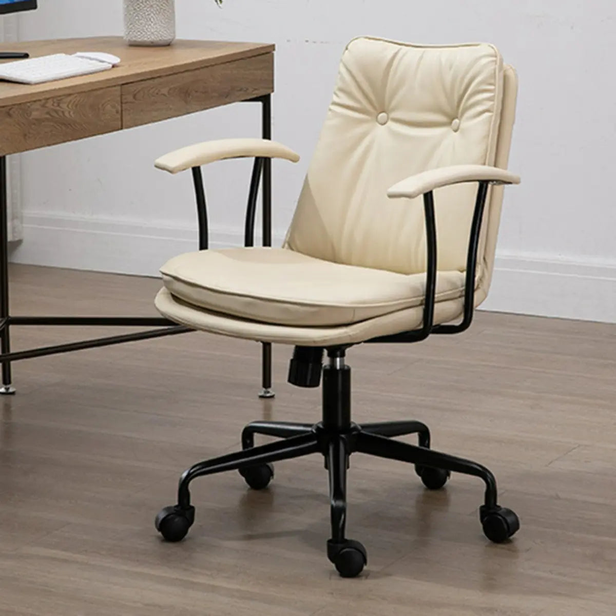 Contemporary Beige Leather Tufted Adjustable Office Chair Image - 13