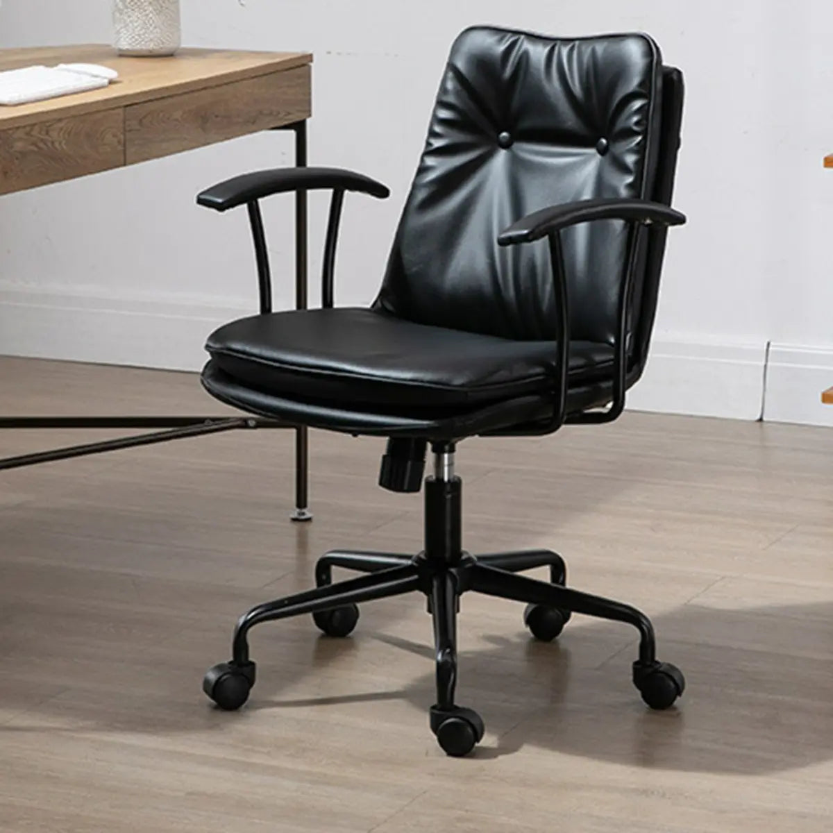 Contemporary Beige Leather Tufted Adjustable Office Chair Image - 2