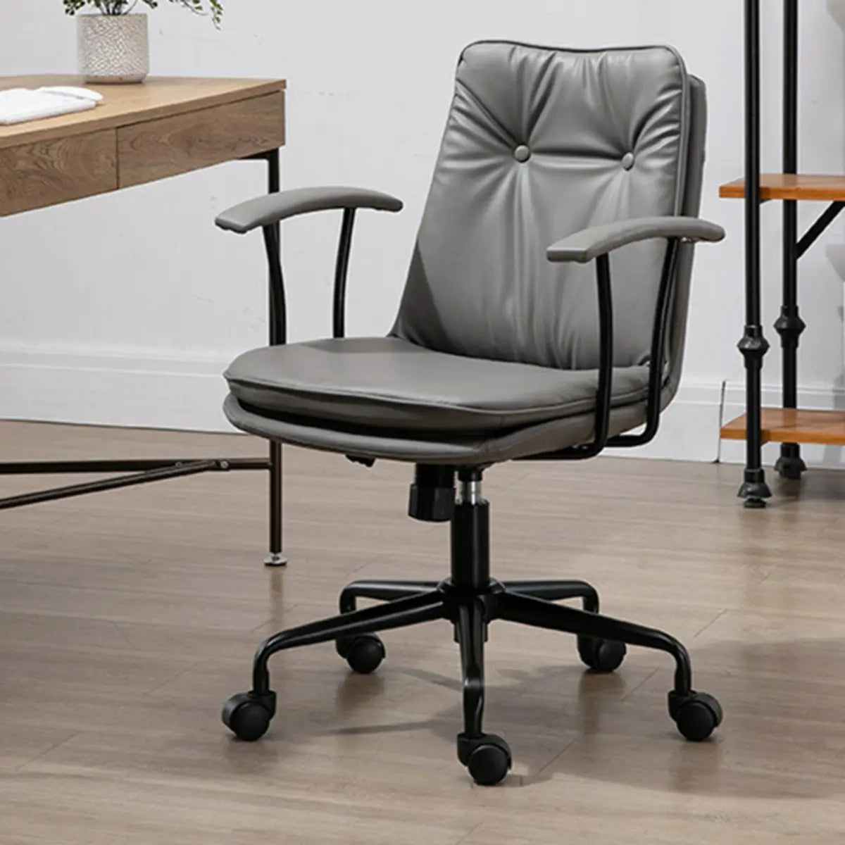 Contemporary Beige Leather Tufted Adjustable Office Chair Image - 3