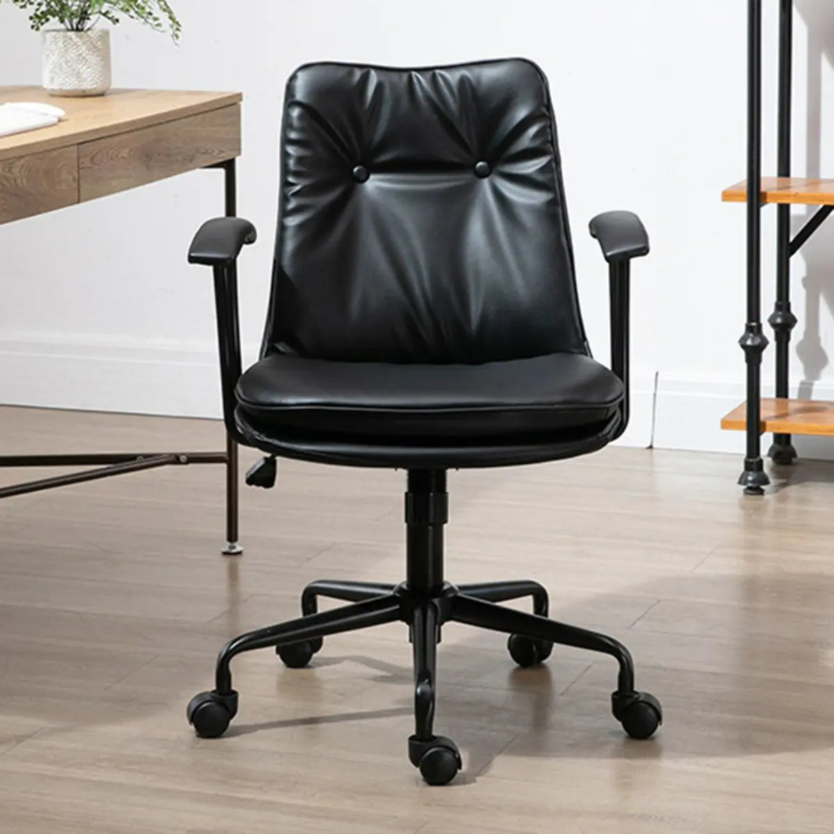 Contemporary Beige Leather Tufted Adjustable Office Chair Image - 4