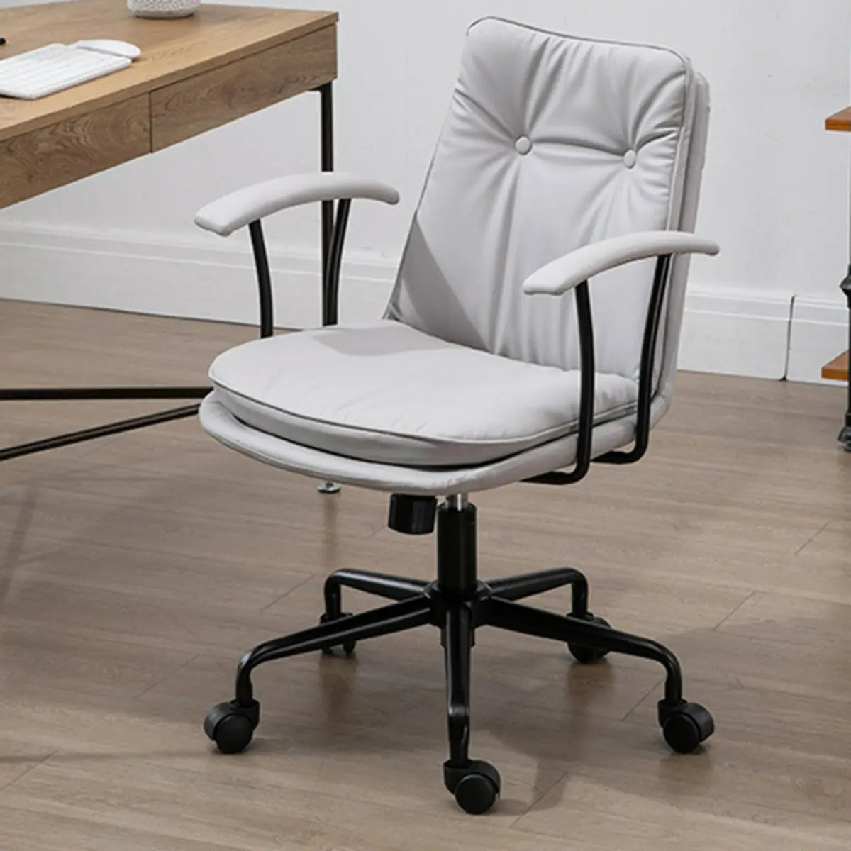 Contemporary Beige Leather Tufted Adjustable Office Chair Image - 5