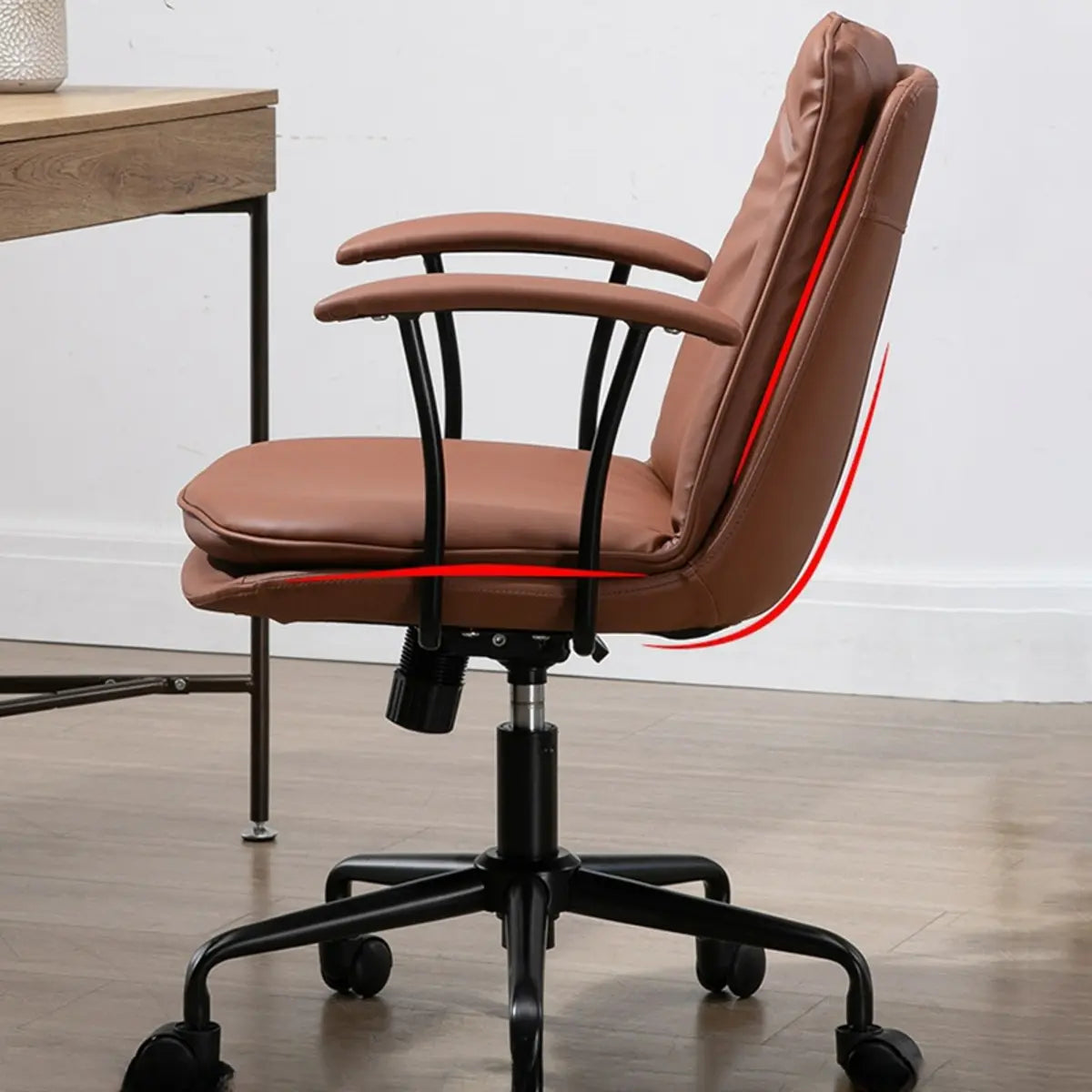 Contemporary Beige Leather Tufted Adjustable Office Chair Image - 6