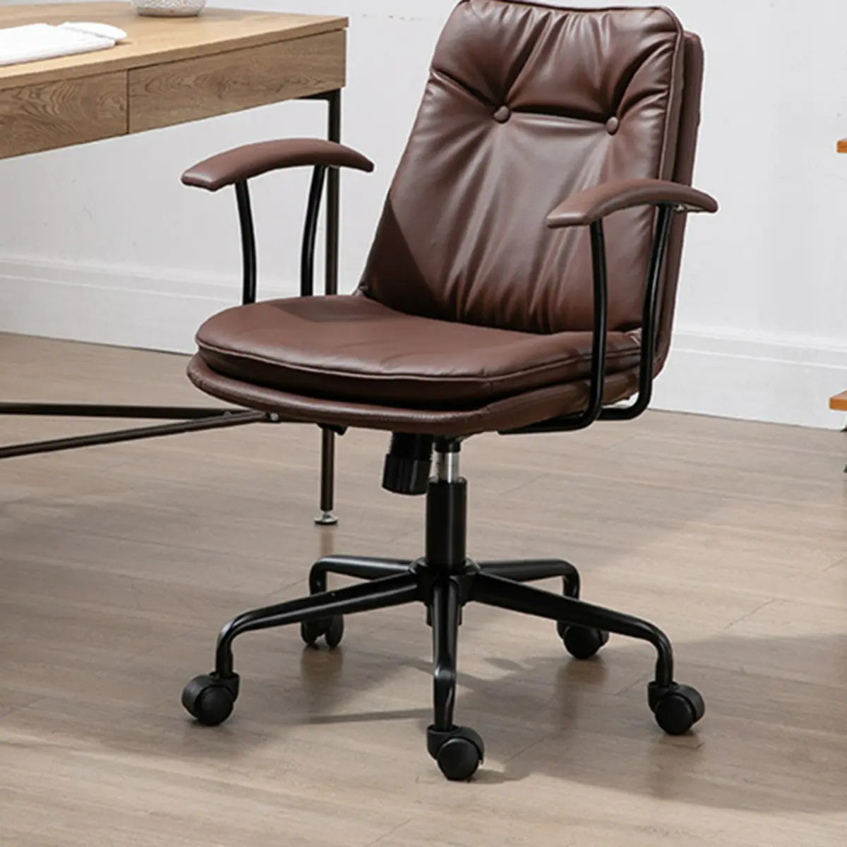 Contemporary Beige Leather Tufted Adjustable Office Chair Image - 9