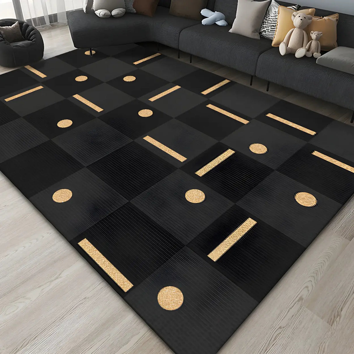 Contemporary Black Checkered Polyester Area Rug Image - 2