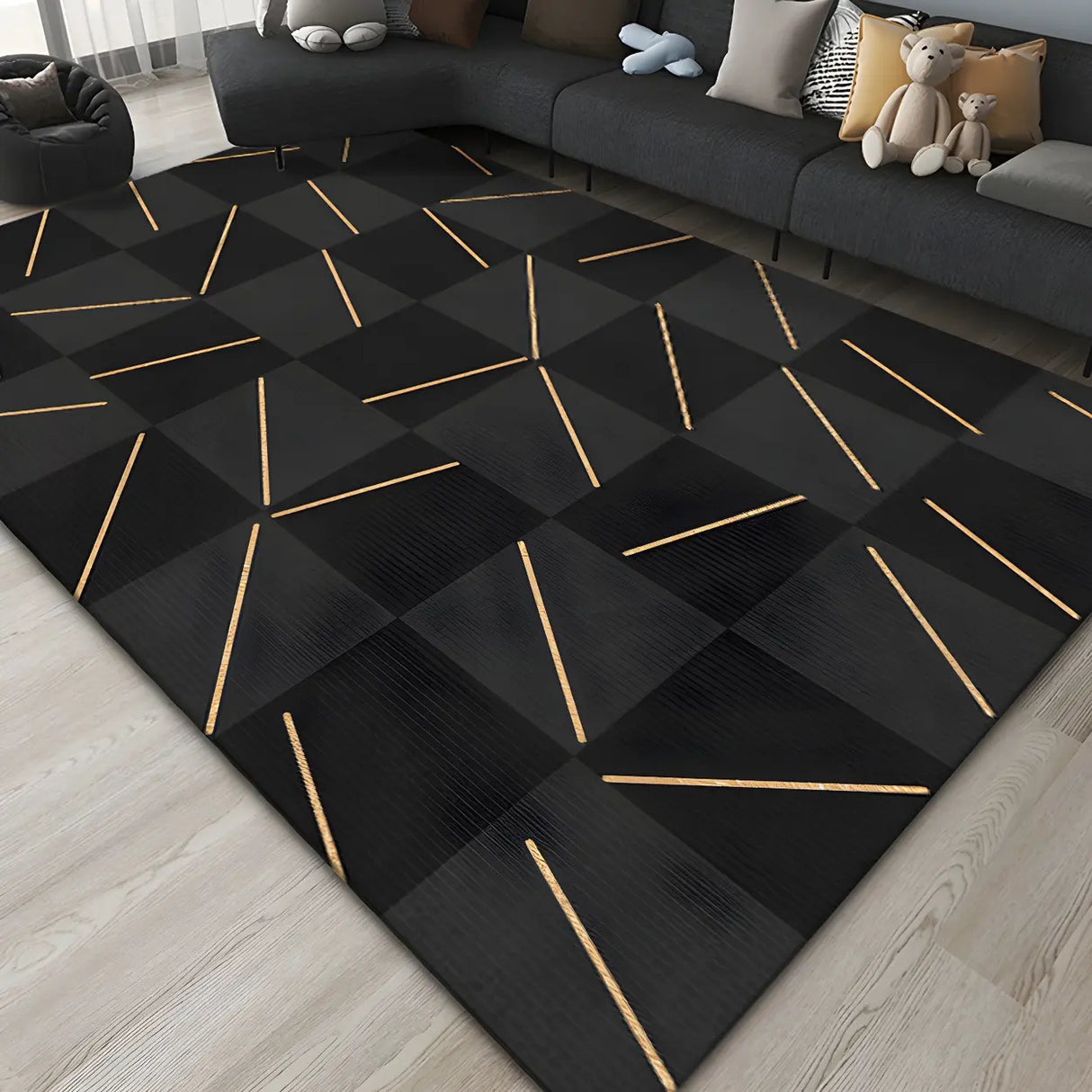 Contemporary Black Checkered Polyester Area Rug Image - 3