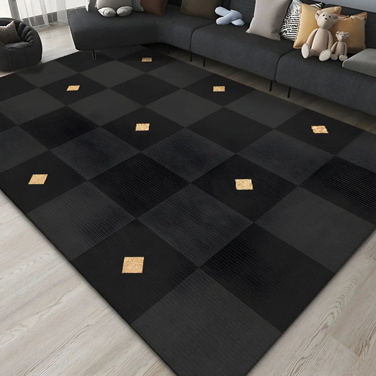 Contemporary Black Checkered Polyester Area Rug Image - 10
