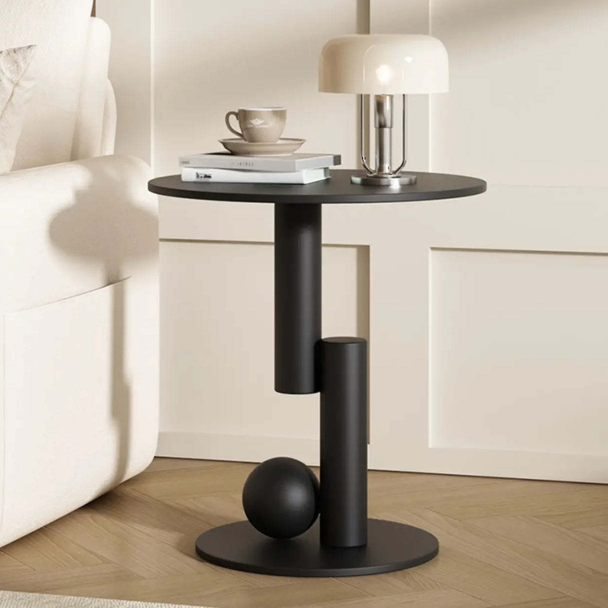 Contemporary Black Geometric Pedestal Metal Round Side Table Image - 1