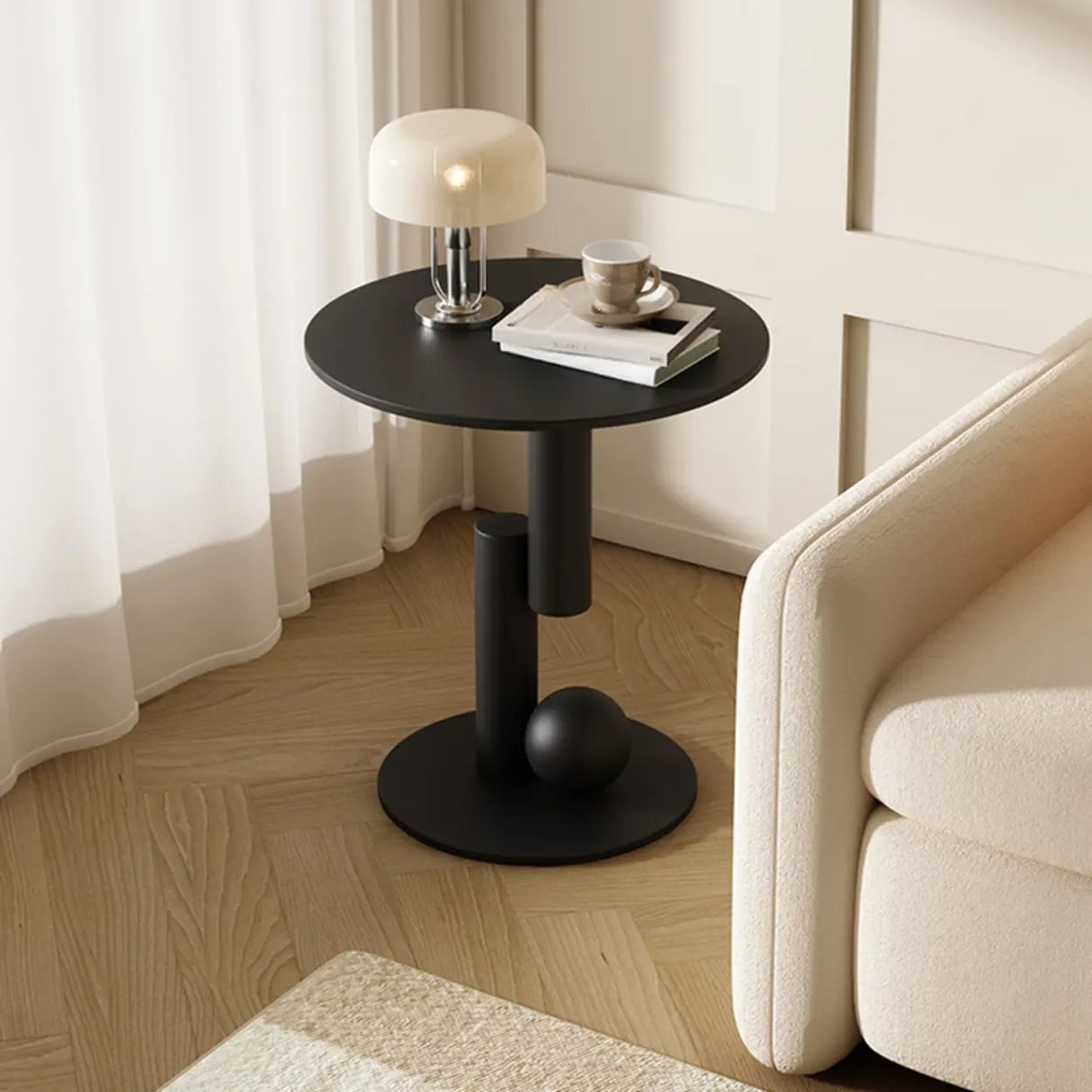 Contemporary Black Geometric Pedestal Metal Round Side Table Image - 6