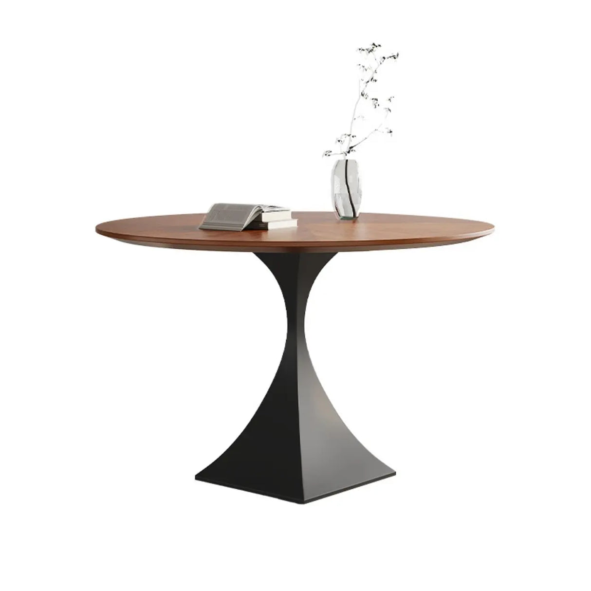 Contemporary Black Metal Base Round Wood Top Dining Table Image - 2