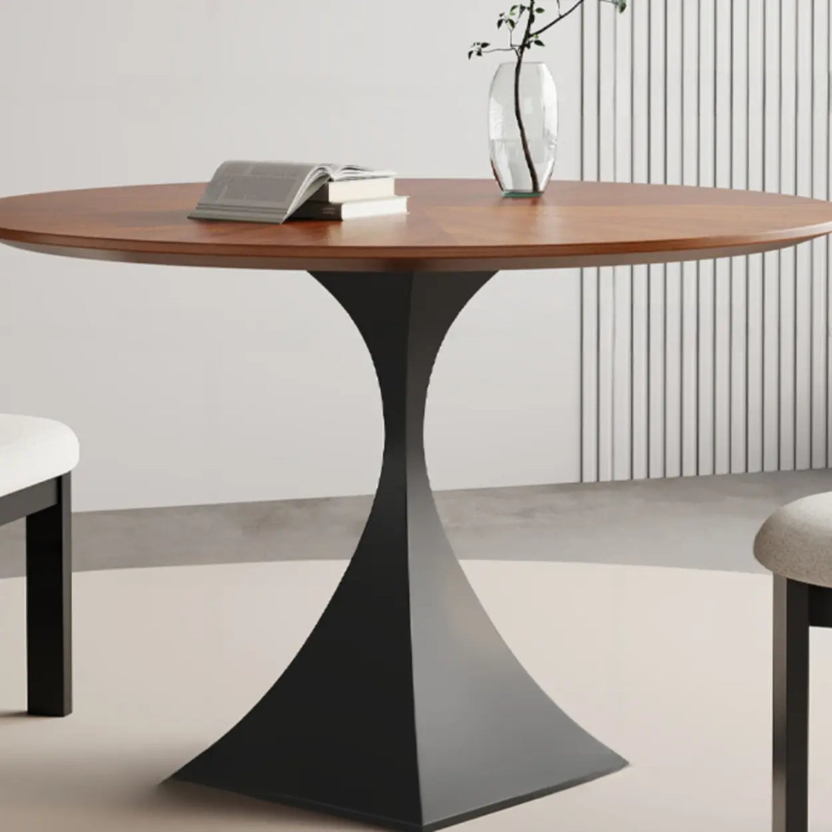 Contemporary Black Metal Base Round Wood Top Dining Table Image - 3
