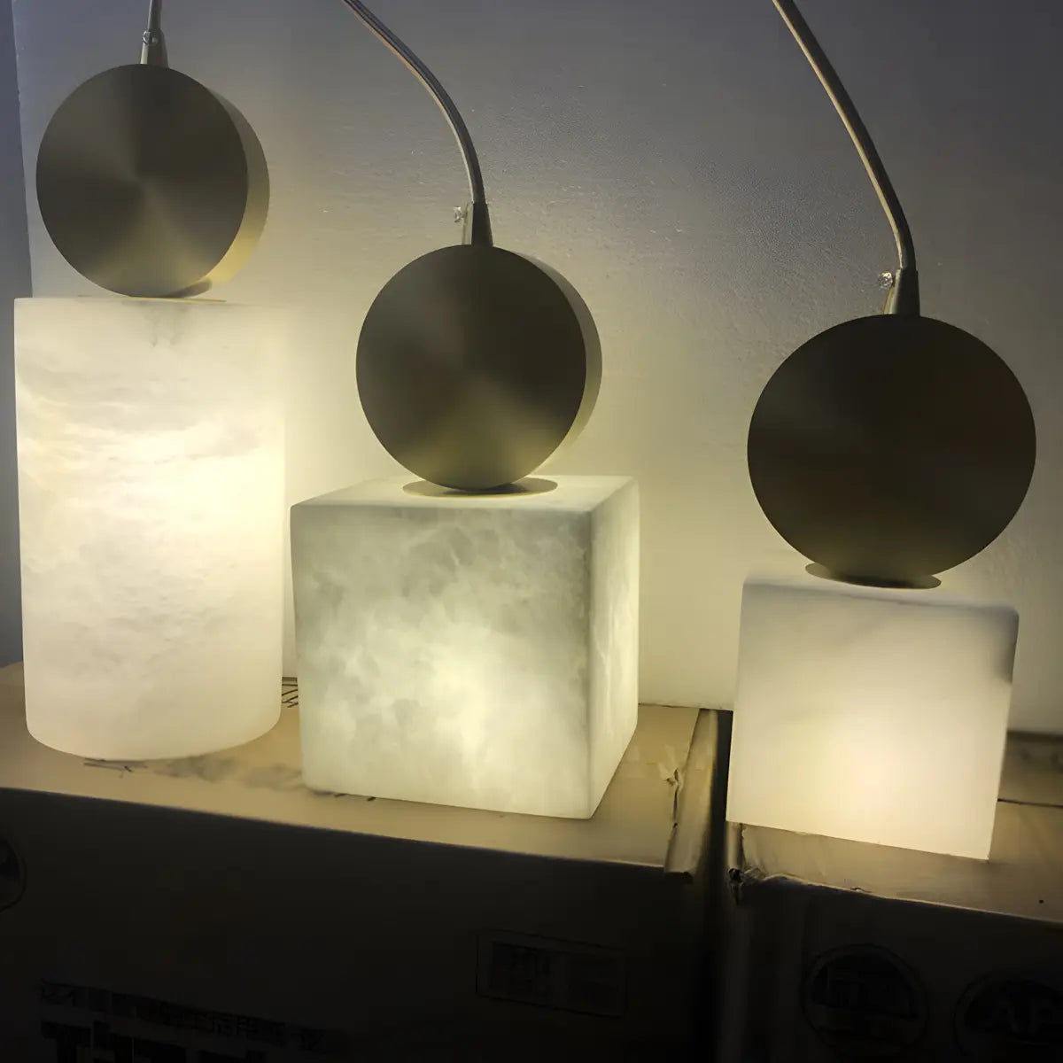 Contemporary Brass Alabaster Cube Bedroom Pendant Light Image - 3