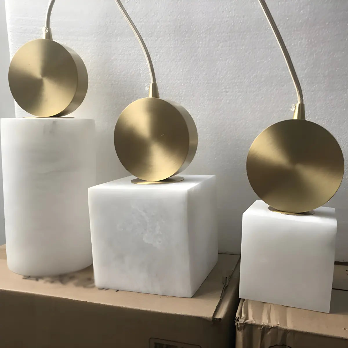 Contemporary Brass Alabaster Cube Bedroom Pendant Light Image - 4