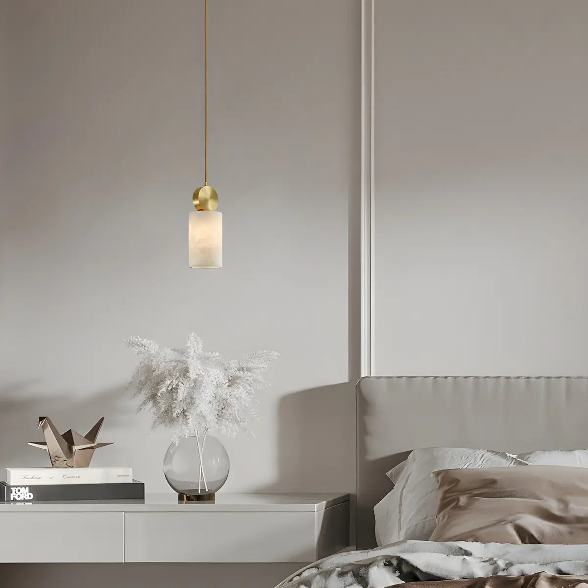 Contemporary Brass Alabaster Cube Bedroom Pendant Light Image - 9