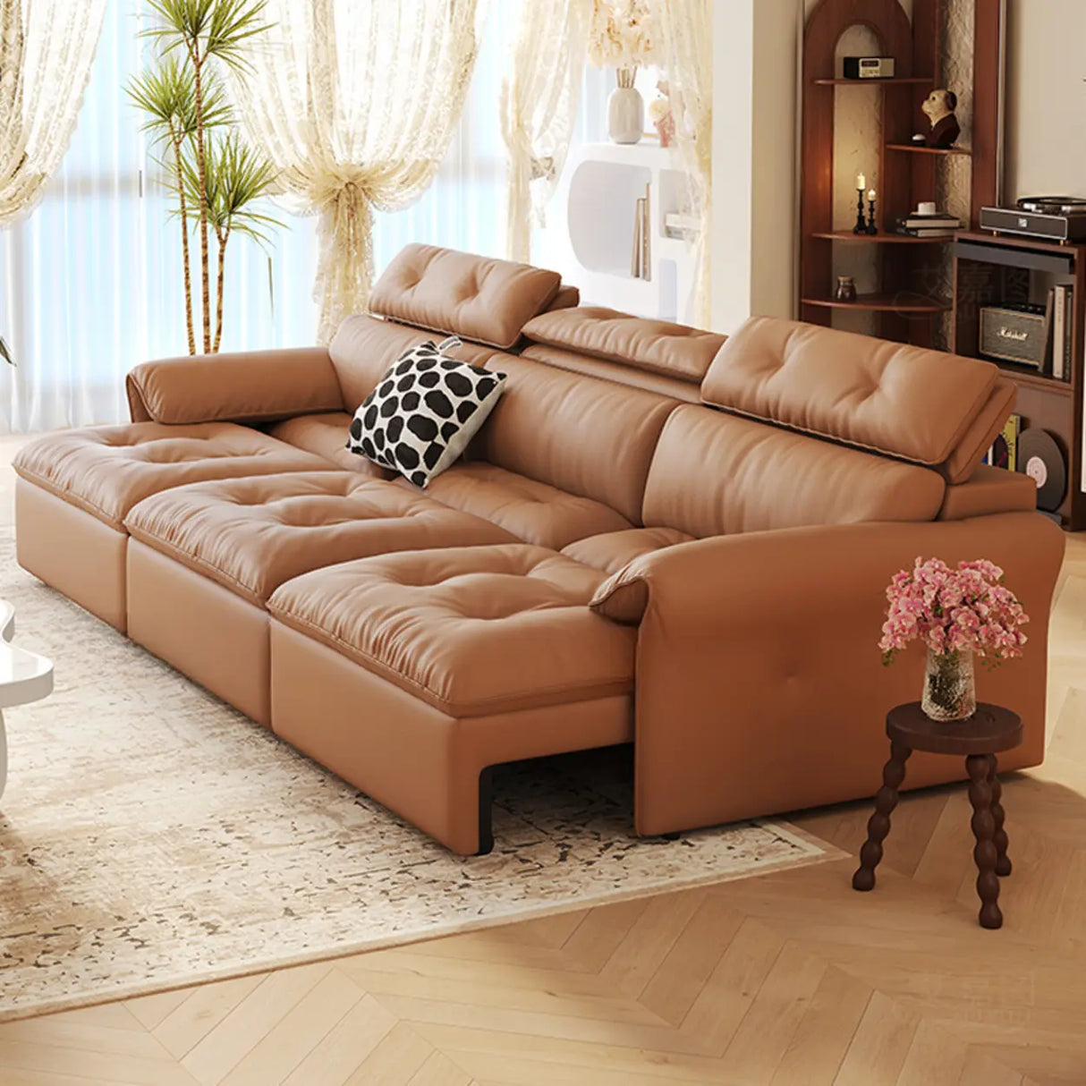 Contemporary Brown Genuine Leather Extendable Sleeper Sofa Image - 1