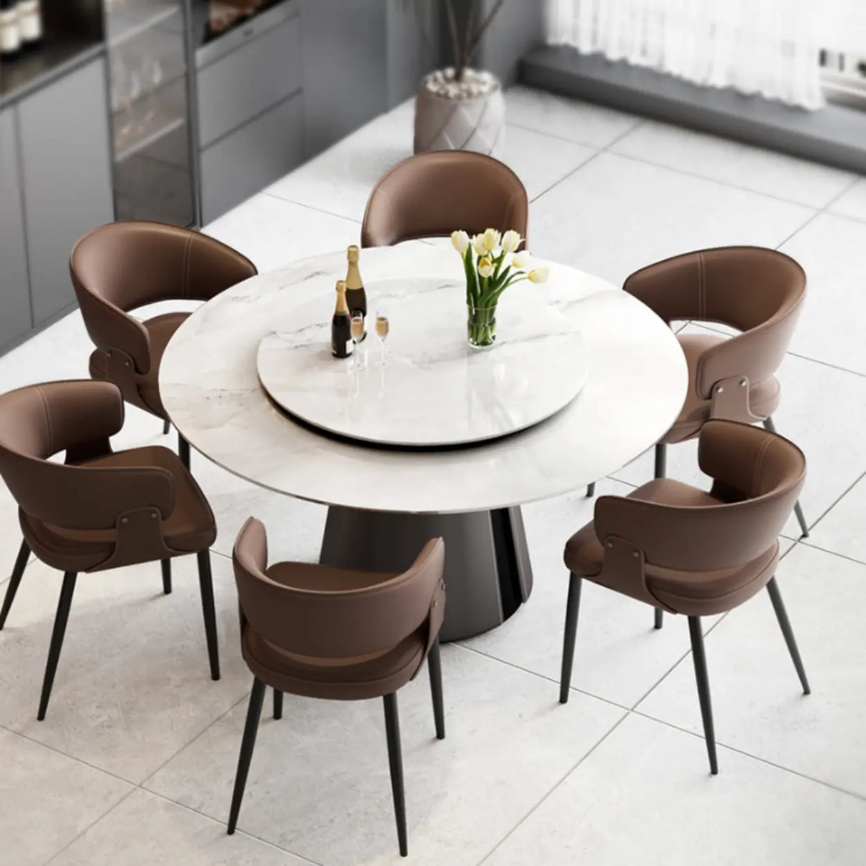 Contemporary Brown Leather Open Back Dining Chair With Arms Image - 4