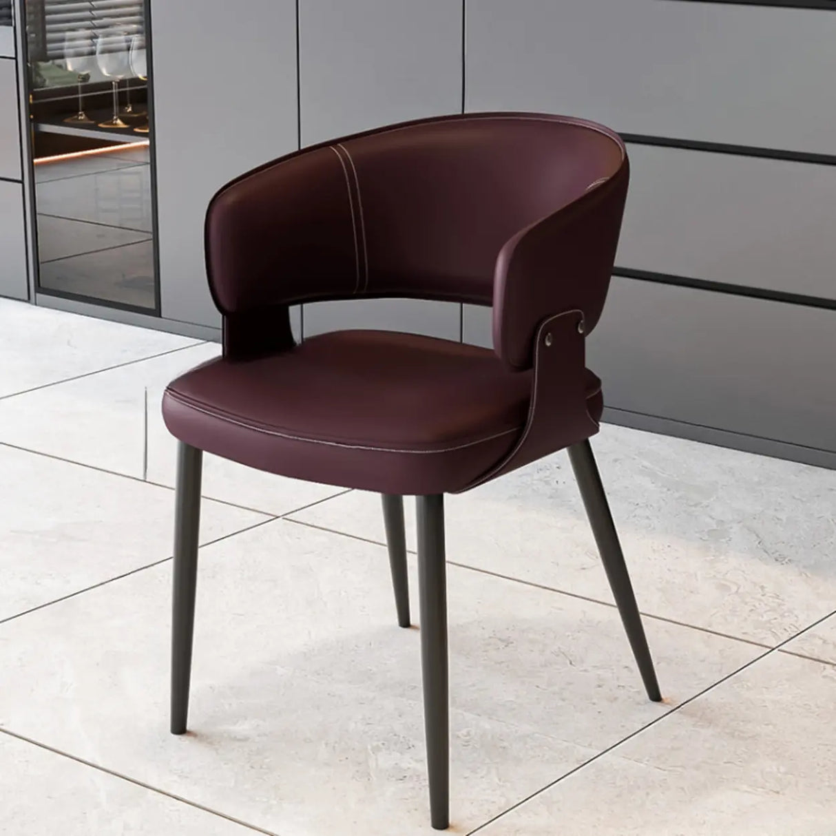 Contemporary Brown Leather Open Back Dining Chair With Arms Image - 5